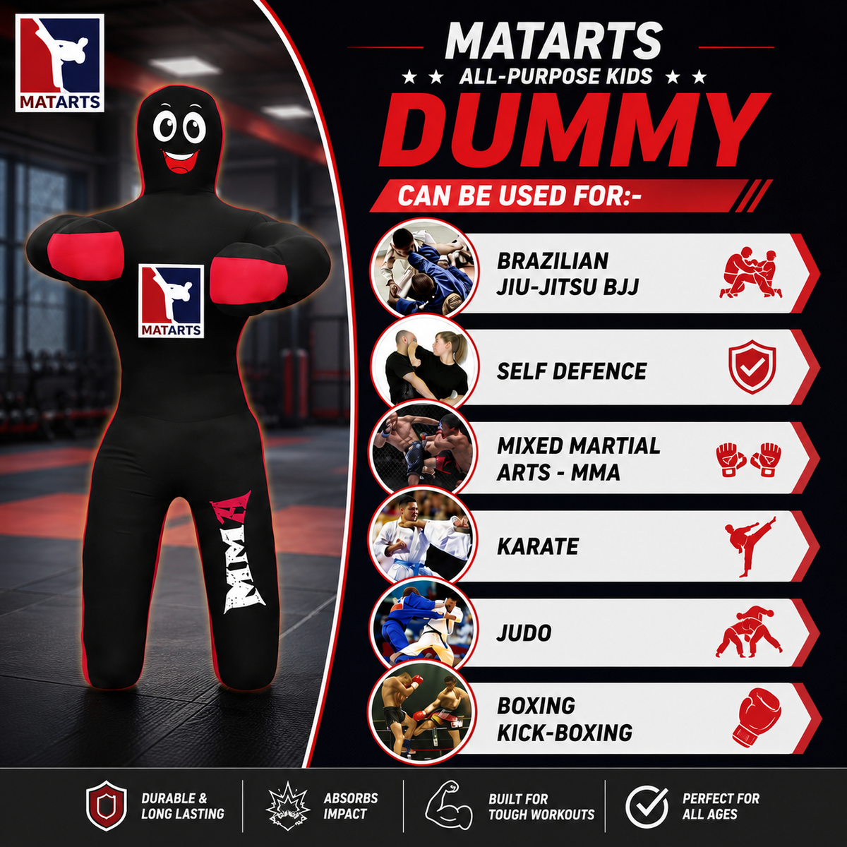 MatArts grappling dummy sized for kids aged 5 to 13