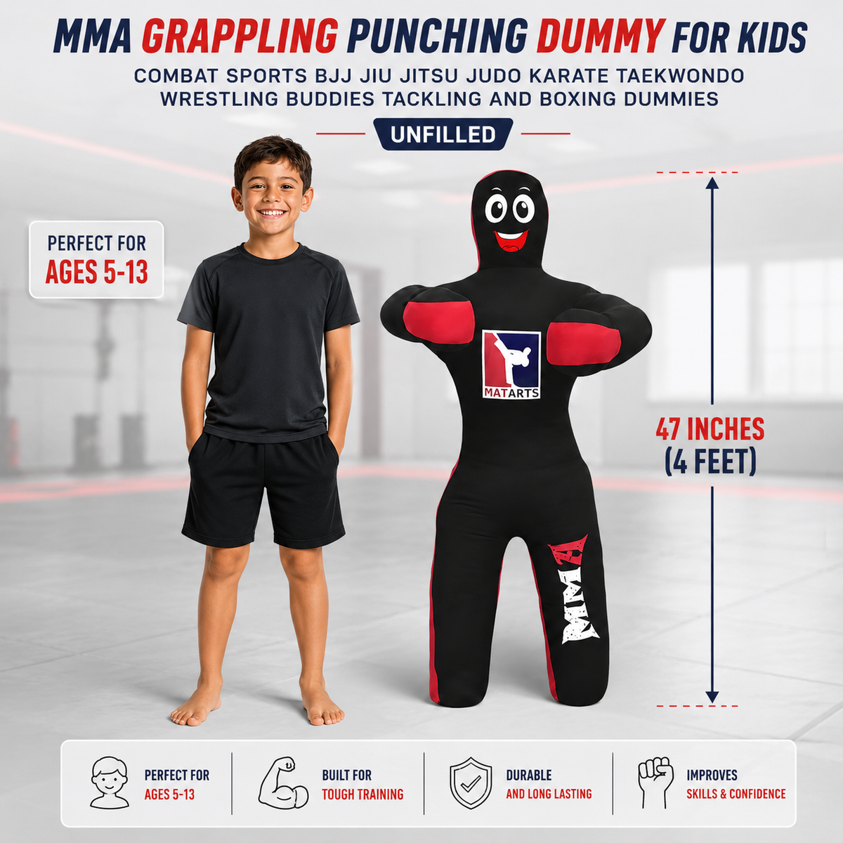 Kids MMA grappling dummy with reinforced stitching, ships unfilled